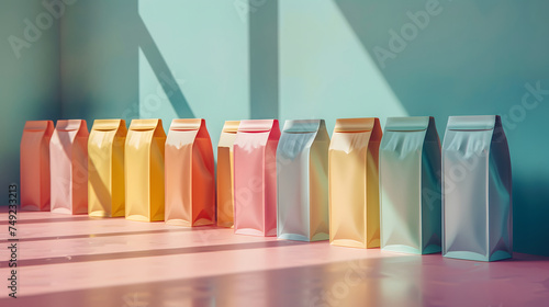A row of ten bag-shaped containers, each a different pastel color, lined up in a row on a counter.