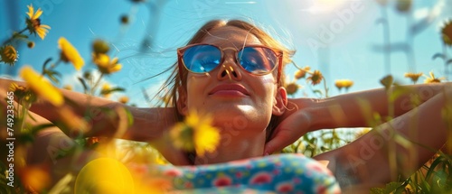 Woman Wearing Sunglasses Laying in a Field of Flowers