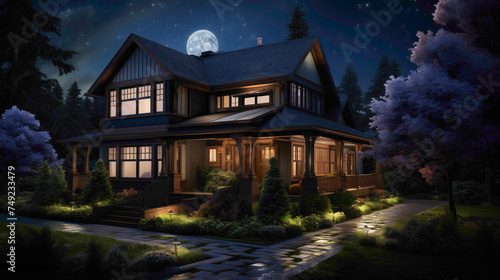 An aerial perspective unveils the exquisite charm of a classic craftsman house, its deep mahogany features aglow under the moonlit night sky. © Osman