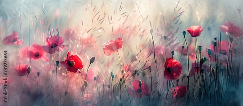 A painting featuring vibrant red poppy flowers set against a striking blue background, capturing the essence of a meadow in bloom under soft impressionist light.