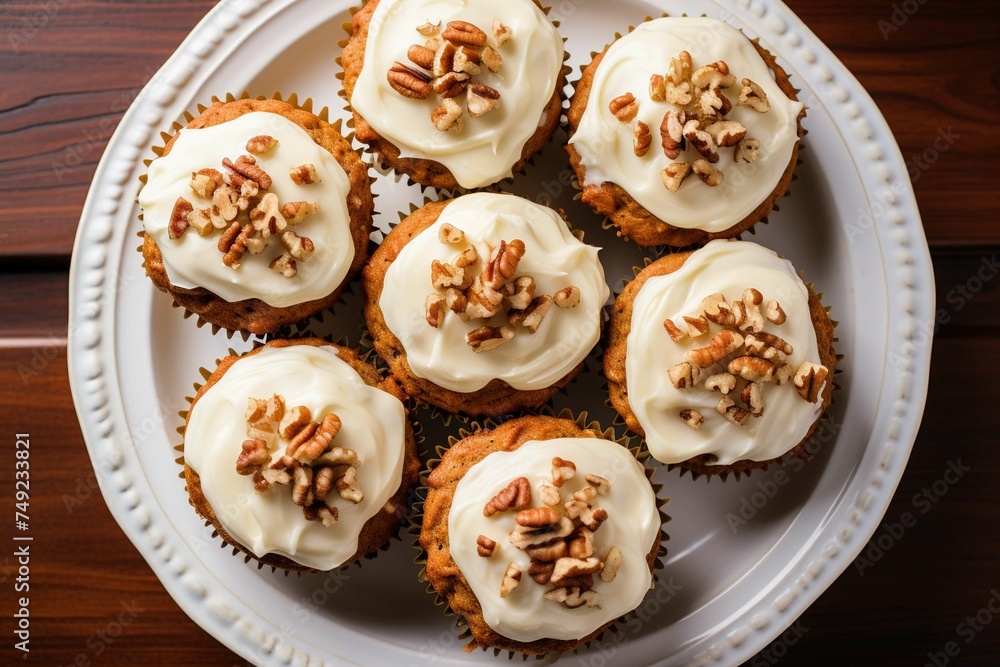 Top view of carrot muffins with cream cheese frosting 