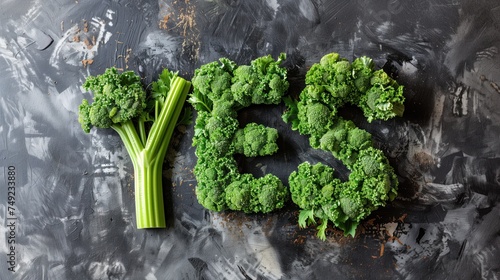 Inscription Yes of celery and broccoli. The word YES from healthy vegetables. Say YES to veganism, healthy living, health. Broccoli table