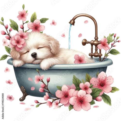 cute little dog sleeping in the bathtub clipart watercolor