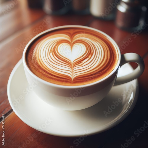 A perfectly crafted latte with a heart-shaped design sits on a cafe table  inviting a moment of indulgence. The warm ambiance and artistry of the latte art make it more than just a beverage.