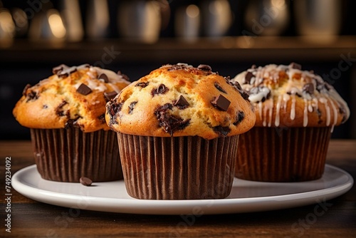 Trio of muffins with dark chocolate chunks 