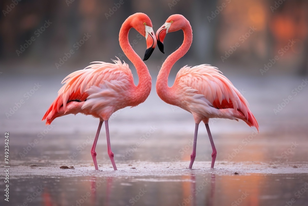 Two flamingos in a dance, necks creating a heart shape Two flamingos in a dance, necks creating a heart shape