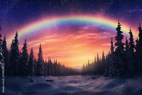 Twilight rainbow over a snowy pine forest silhouette 