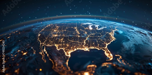 Big city lights view from space. Planet earth globe with night realistic USA map. America, Communication concept, Data Human Connectivity, horizontal background wallpaper