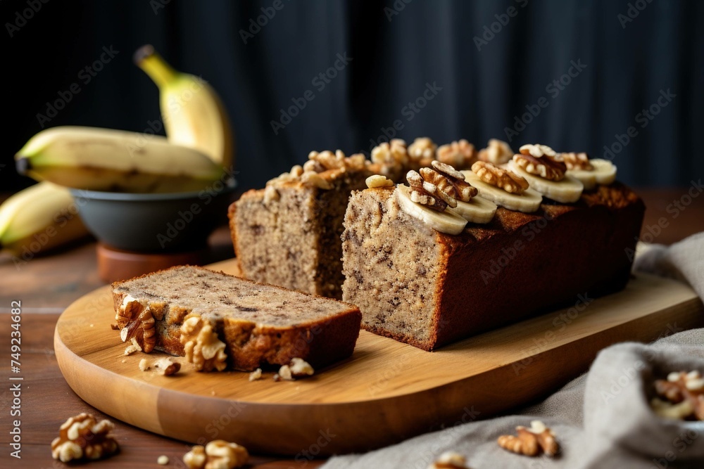 Vegan banana bread slices with walnut crust 