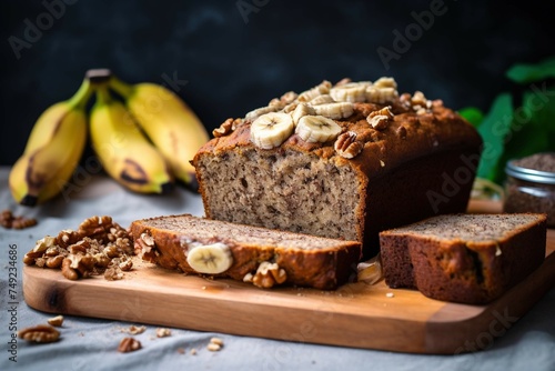 Vegan banana bread with walnut crust  side view 