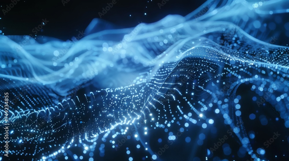 Obraz premium This digital visualization features abstract waves formed by a dynamic field of blue particles, representing data flow or network communication.