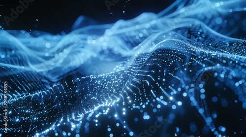This digital visualization features abstract waves formed by a dynamic field of blue particles, representing data flow or network communication.