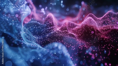 An abstract representation of neural network activity with undulating waves in a harmonious pink and blue particle system.