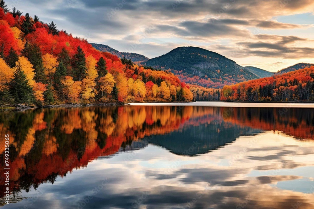 Vibrant autumn foliage reflecting in a placid mountain lake at sunset 