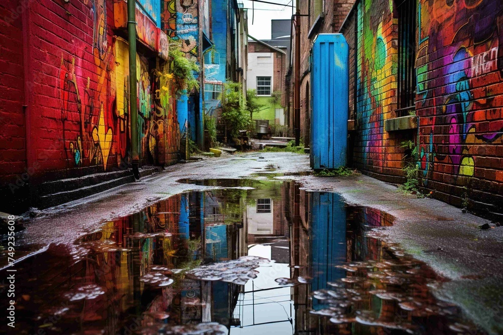 Obraz premium Vibrant street art reflected in an alleyway's rainwater 