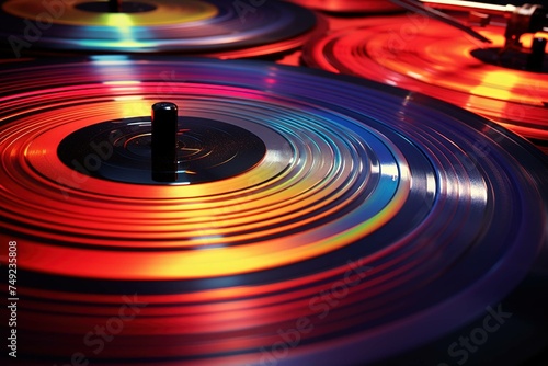 Vinyl record grooves, spiraling into focus 