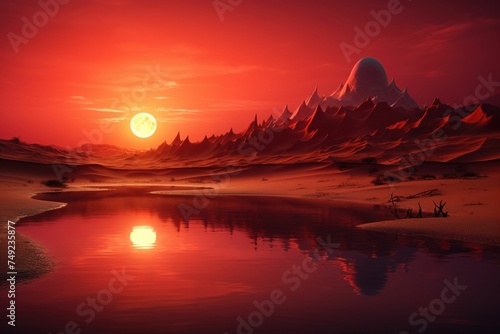 Vivid red sunset reflected in a small oasis surrounded by towering sand dunes 