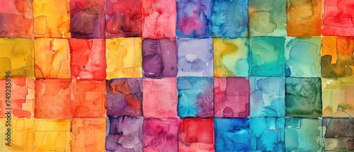 Watercolor Patchwork Squares, Vibrant hues on textured paper, Artistic variety