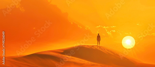Solitary Dune Figure, Person in stillsuit at sunset, Orange sun backlit solitude