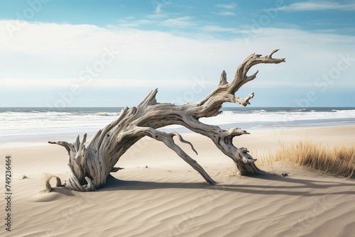 Weathered driftwood stranded atop a sand dune with the ocean in the background 