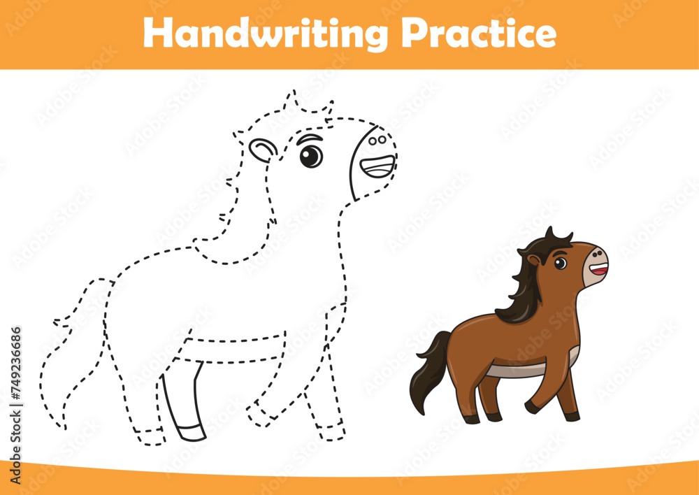 Obraz premium Practice handwriting. tracing lines and coloring horse for children