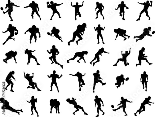A set of lots of detailed silhouette American Football players in different poses