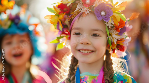 Children parading in handmade, colorful spring costumes, celebrating the season with joy and creativity