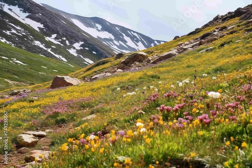 Wildflowers carpeting a mountain slope in spring 