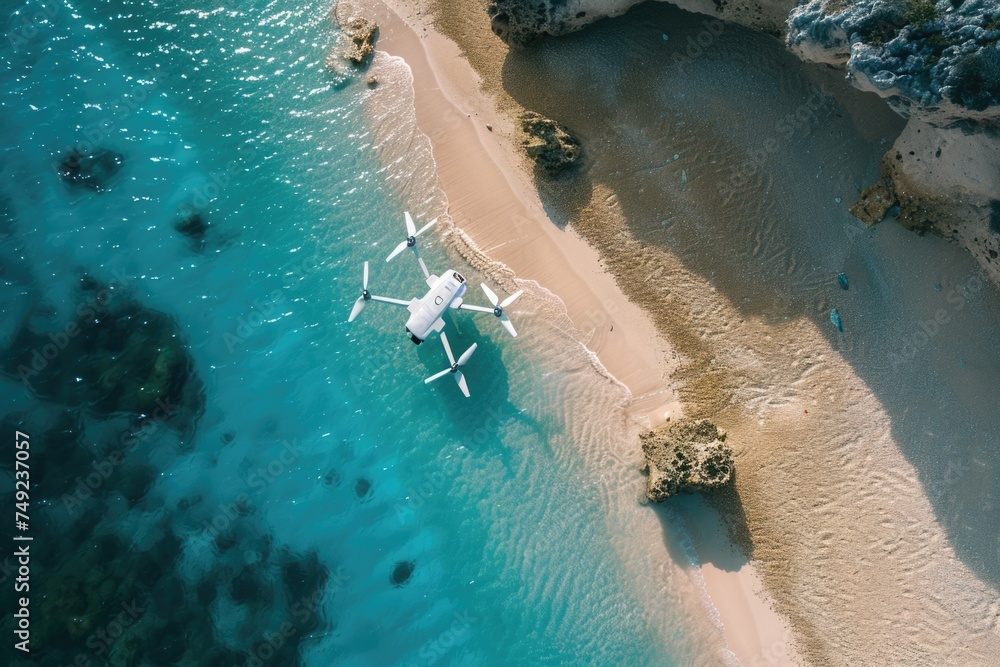 Aerial view of a seaplane on a sandy beach
