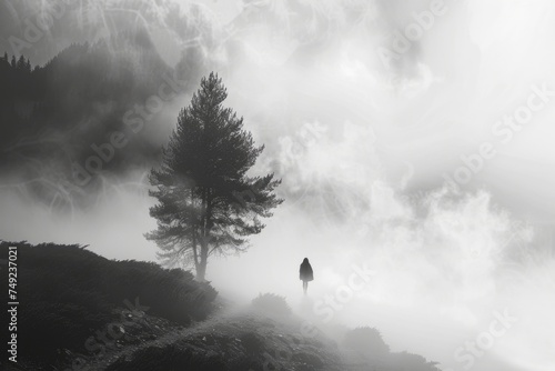 Silhouette of a lone person and tree in mist. Monochrome landscape with fog. #749237021