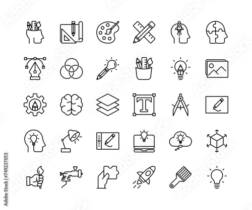 Art and creativity thin line icons set. creative, graphic, drawing, design, brain, brainstorming. editable stroke outline icon. isolated on white background. vector illustration.