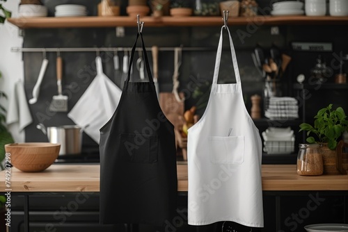 Black and white kitchen aprons. Studio shot of culinary accessories.