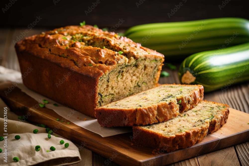 Zucchini bread loaf with a cut slice Zucchini bread loaf with a cut slice