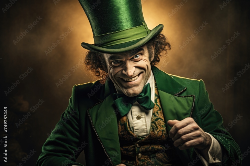 Man in green leprechaun costume with a mischievous expression. Man in green leprechaun costume with a mischievous expression.