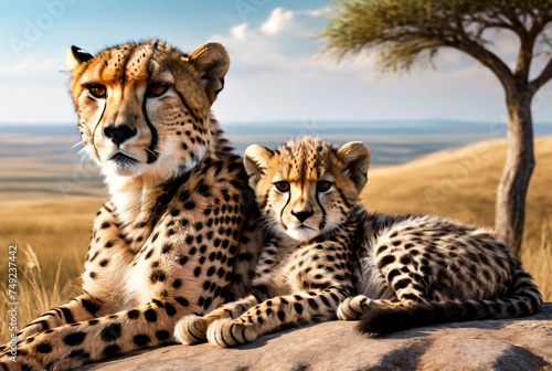 Cheetah and cub resting on african savannah hilltop. Mother guepard and her cub lounging on grassy hill, surveying african savannah. Nature animal wildlife concept. Copy ad text space. Generated Ai photo