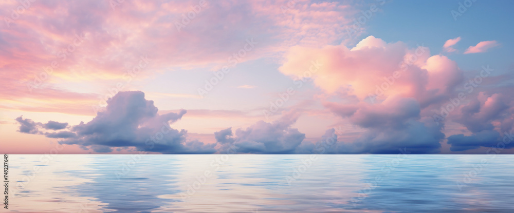 Captivating gradient seascape with pastel-colored clouds and calm waters, presenting the cutest and most beautiful coastal vista.