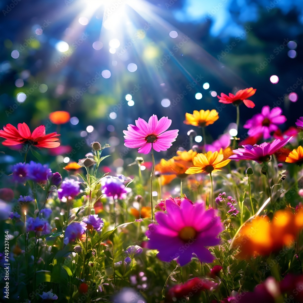 Colorful flower meadow with sunbeams and bokeh lights in summer Colorful flower meadow with sunbeams and bokeh lights in summer