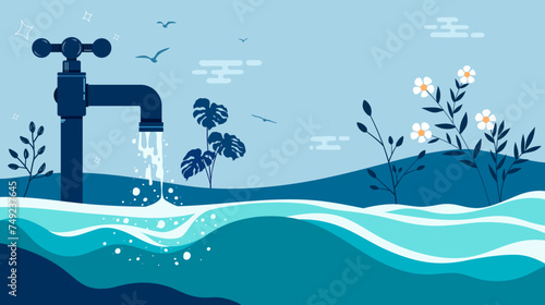 Commemorating world water day, March 22. Illustration of water coming out of a tap. International Water Day