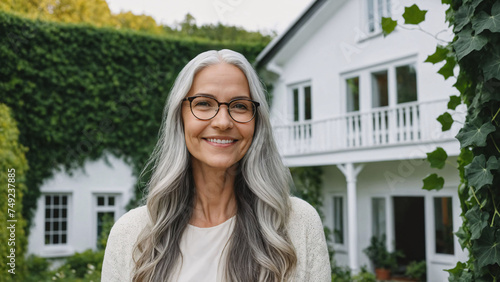 Portrait of smiling mature woman with long grey hair wearing spectacles standing in the garden, white scandinavian house with ivy in background, suburb, home owner, pension, copy space, candid shot