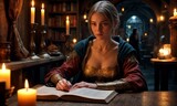 A woman dressed in period attire is absorbed in an ancient tome in a candle-lit library. The image evokes a sense of historical scholarship and timeless knowledge.