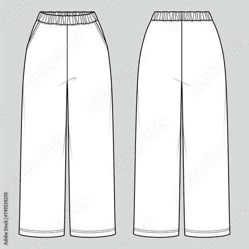 Wide fit elastic waistband trousers. Pyjama pants. Vector technical sketch. Mockup template.