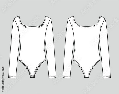 Long sleeve bodysuit with a square neckline. Vector technical sketch. Mockup template.