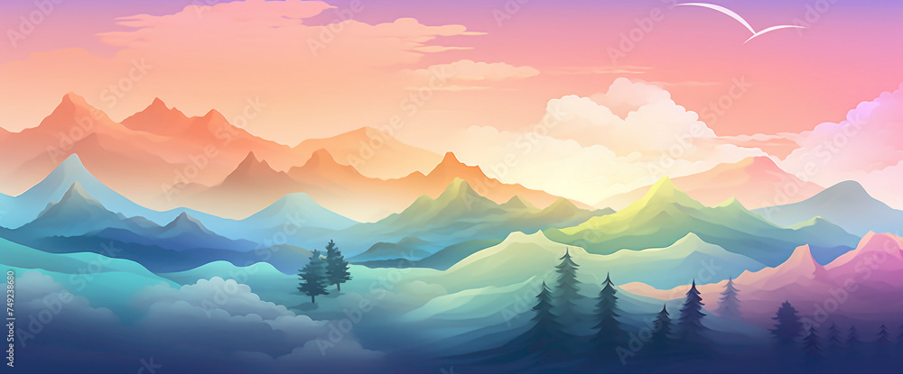 Charming gradient landscape featuring rolling hills and a rainbow sky, evoking the most adorable and beautiful scenery.