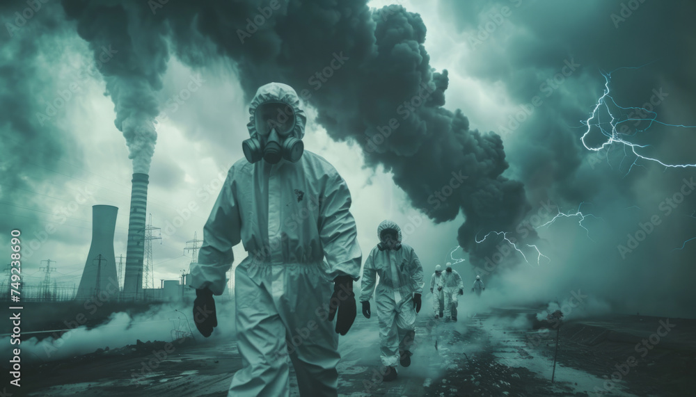 radiation accident at a nuclear power plant, explosion in a reactor. Scientists run in protective gear. radiation accident at a nuclear power plant, explosion in a reactor. Scientists run in protective gear.