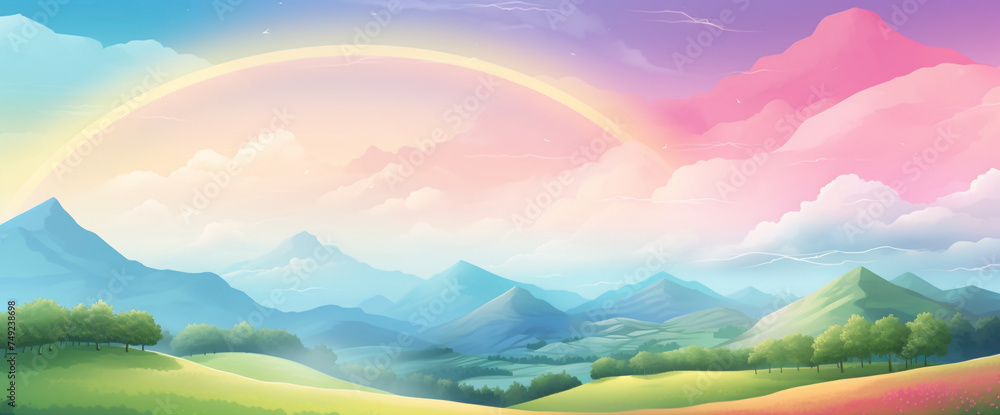Charming gradient landscape featuring rolling hills and a rainbow sky, evoking the most adorable and beautiful scenery.