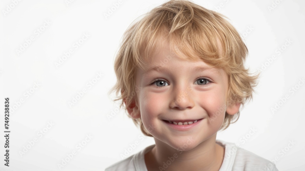 Portrait of a little boy with blond hair with a smile on his face, highlighted on a flat white background Portrait of a little boy with blond hair with a smile on his face, highlighted on a flat white background