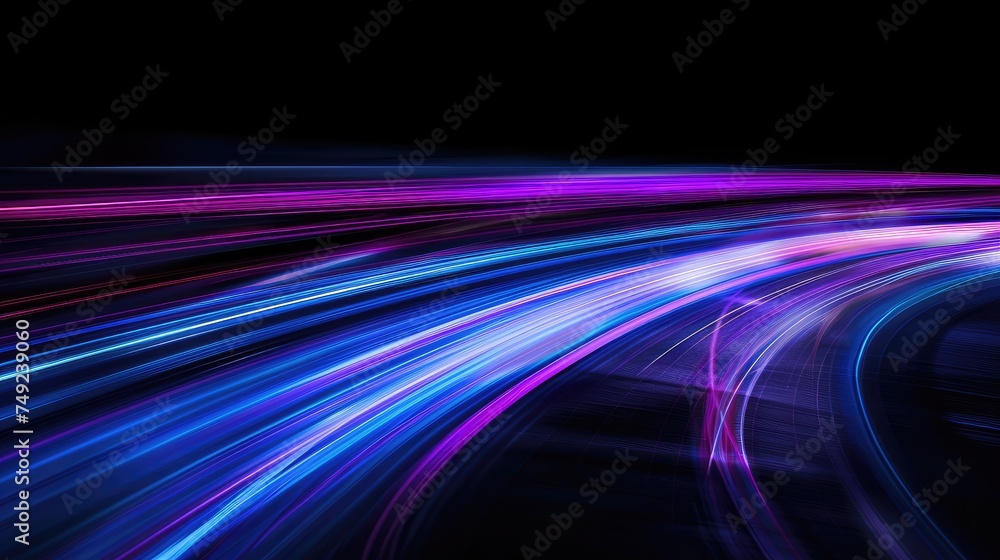 blue, purple, pink light trails, horizontal light trails, black background with blank copy space 