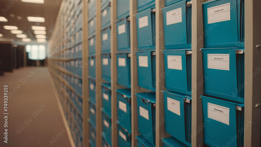 Close-up of blue lockers in a row in an office