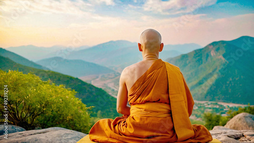 Buddhist monk sitting on the top of a mountain and meditating