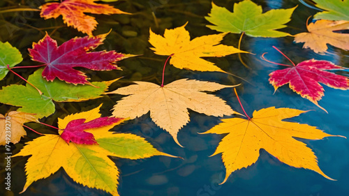 Autumn maple leaves on the water surface. Colorful autumn background